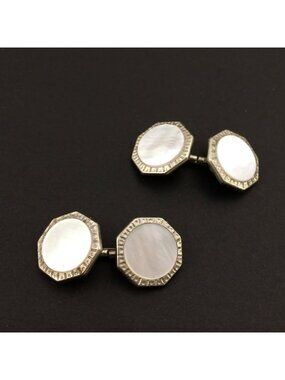 Antique Vintage Art Deco Era Hexagon Mother of Pearl Cufflinks Silvertone Metal